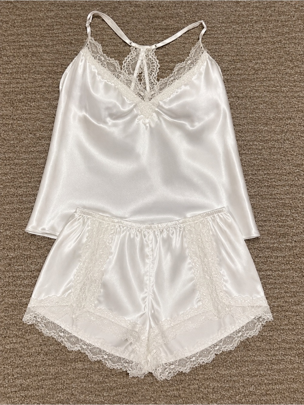 Amazon White Satin Lace Cami and Shorts Sleep Set